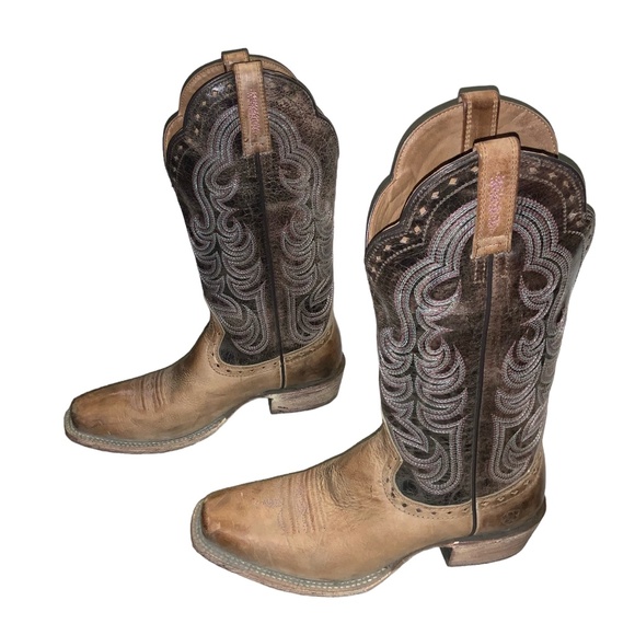 Women's ARIAT GOOD TIMES Square Toe Tan Leather Cowgirl Western Boots Size 7 EUC - Picture 1 of 6